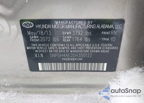 2013 Hyundai Elantra Gls z USA, uszkodzony, nr VIN 5NPDH4AE2DH350122